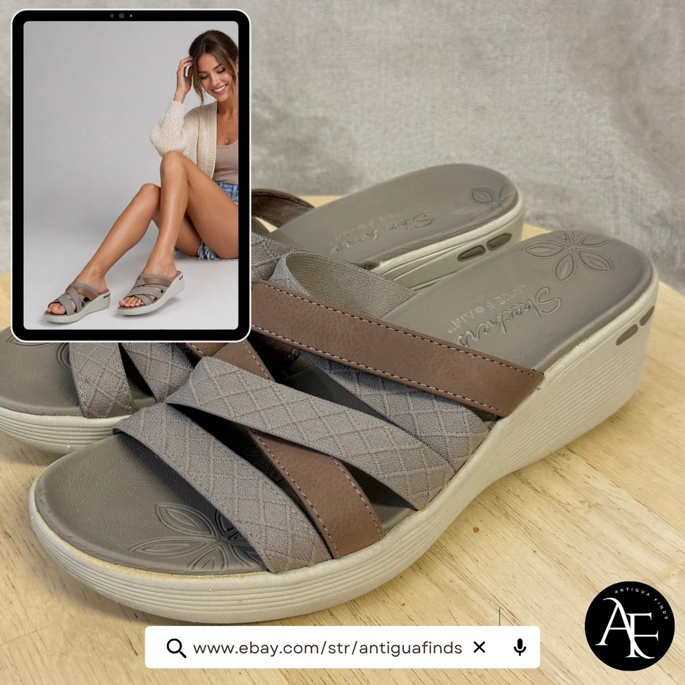 Skechers Luxe Foam Womens Brown Grey Multi Strap Wedge Slide Sandals Size 8